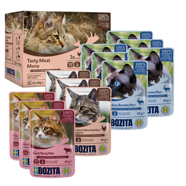 BOZITA Katzen-Nassfutter Tasty Meat Menu Häppchen in Gelee Multibox
